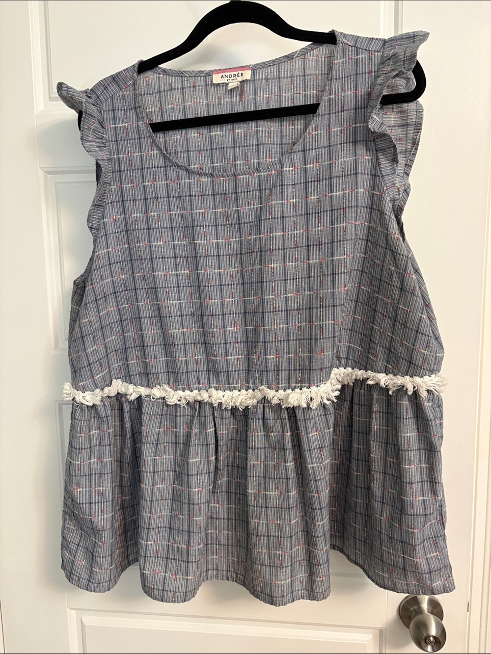 Andree Blue Plaid Ruffle Peplum Top with Fringe Trim